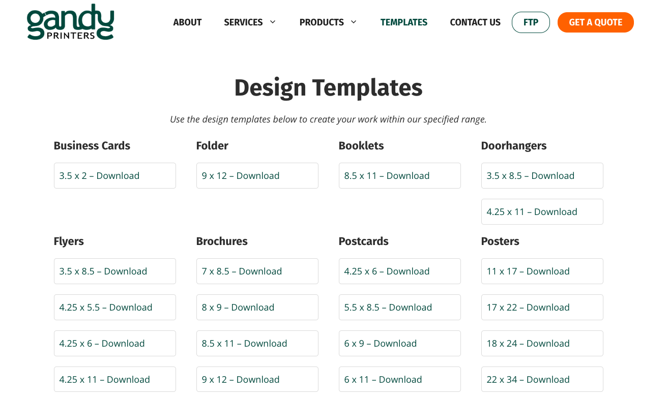 A screenshot of the Gandy Printers design templates section