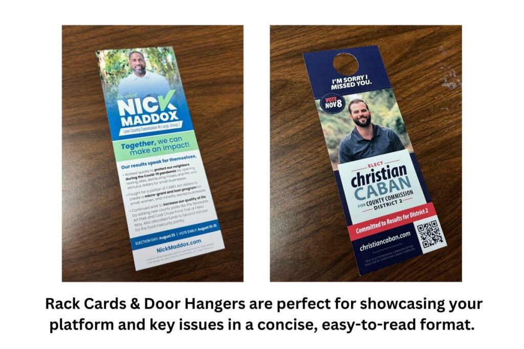 An example of a political rack card and door hanger that Gandy Printer has done for two different campaigns.